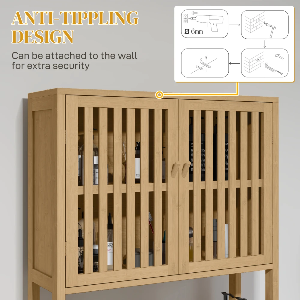 HOMCOM Bamboo Over the Toilet  Cabinet, Over Toilet Bathroom Organizer with Slatted Doors, Adjustable Shelf and Open Shelf, Natu 2