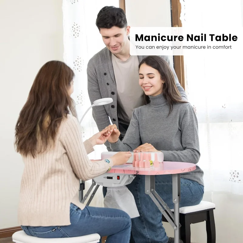 VIVOHOME Portable Manicure Nail Table on Wheels with Built-in Dust Collector, Updated USB-Plug LED Table  Workstation, Pink