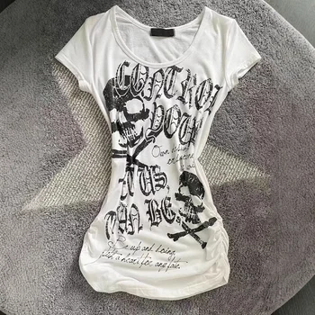 Retro Hot Girl Vintage Punk Rock Short Sleeve Waist Cinched Skull Head Print American Style Top Women's T-shirt Crew Neck 1