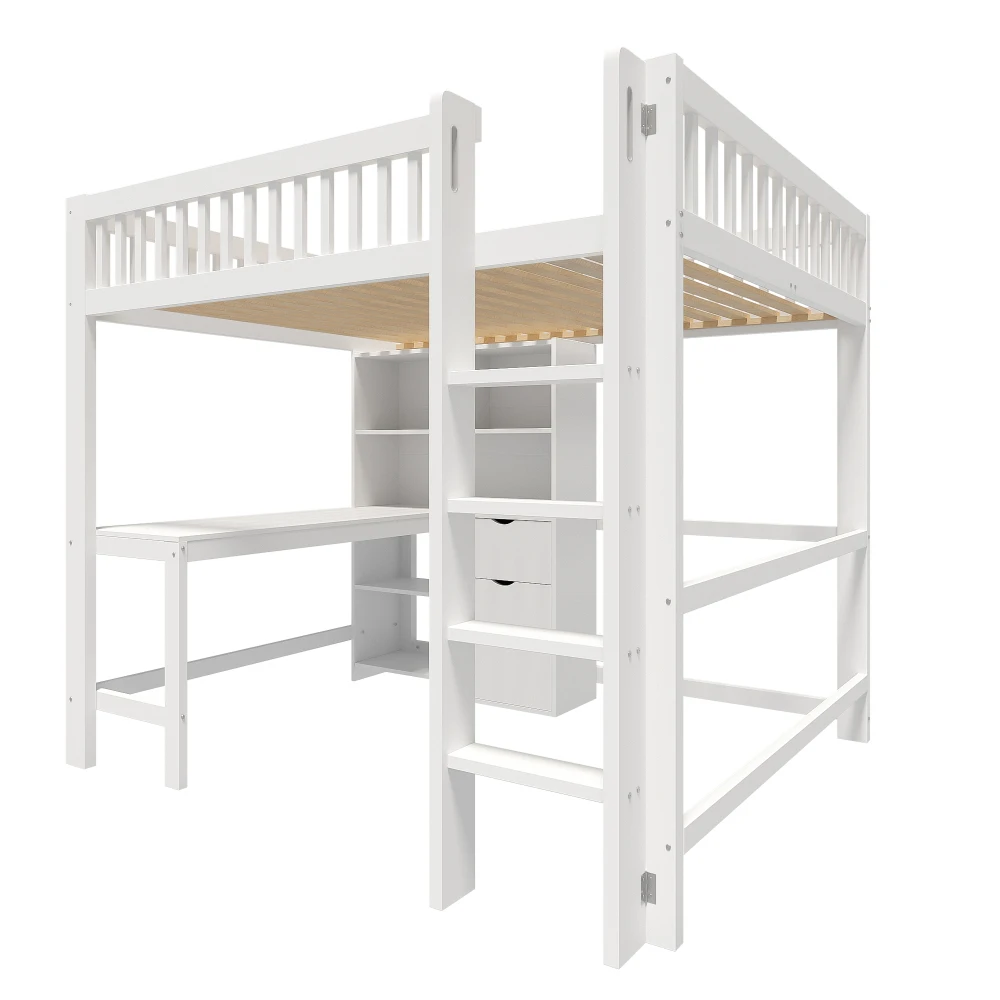 Modernes Hochbett, 90 x 200 cm, Kinderzimmerbett, mehrere Stauraumfächer, Leiter, Schreibtisch, 3 Schubladen, ohne Matratze, weiß – Detail 33