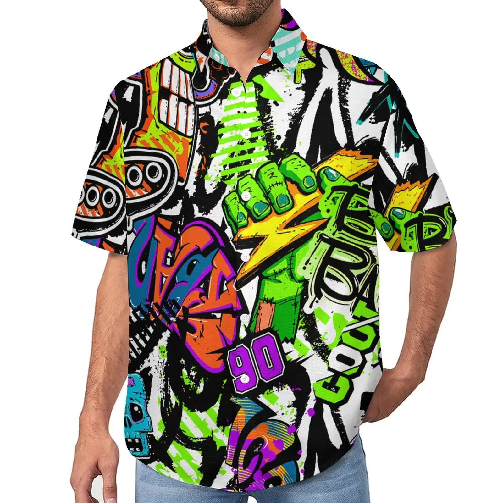 

80S Vintage Print Casual Shirts Abstract Monster Graffiti Vacation Shirt Hawaii Vintage Blouses Man Custom Big Size
