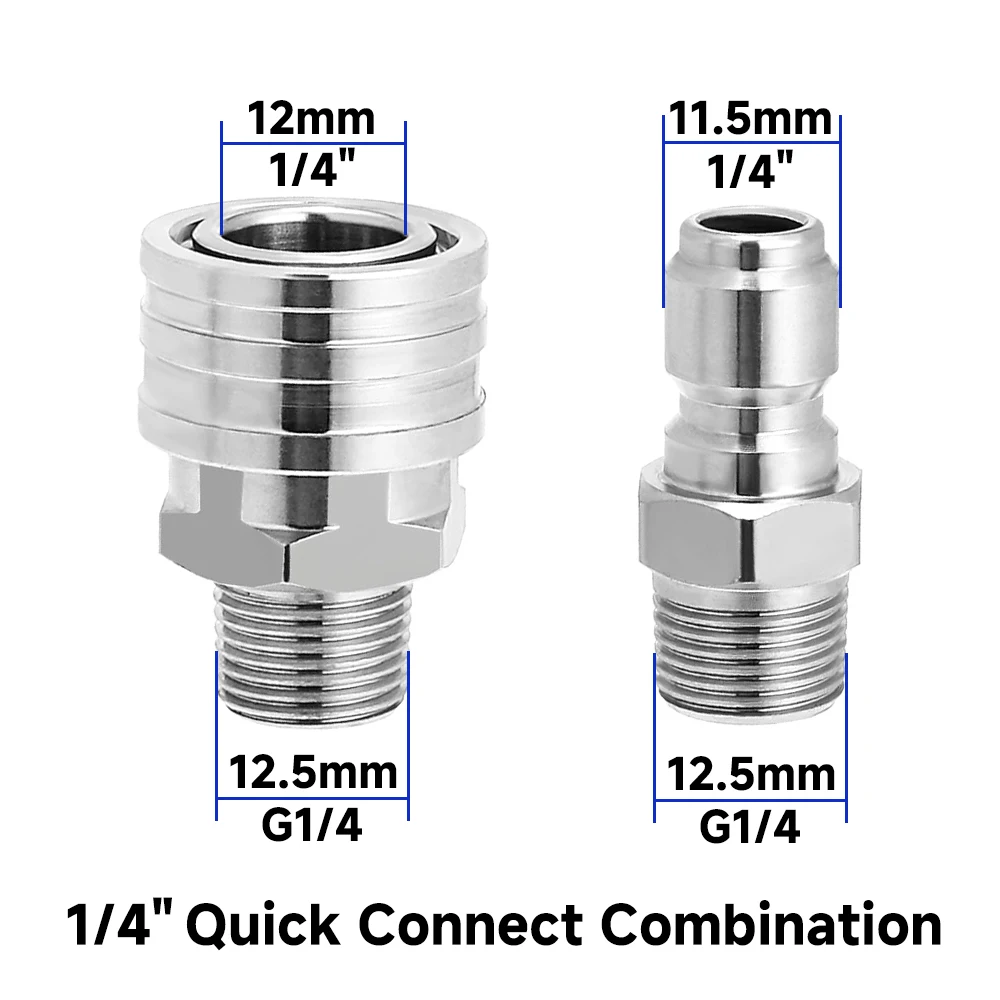 Stainless Steel Quick Connect Pressure Washer Coupler - 1/4 Inch Male & Female Threaded Accessories