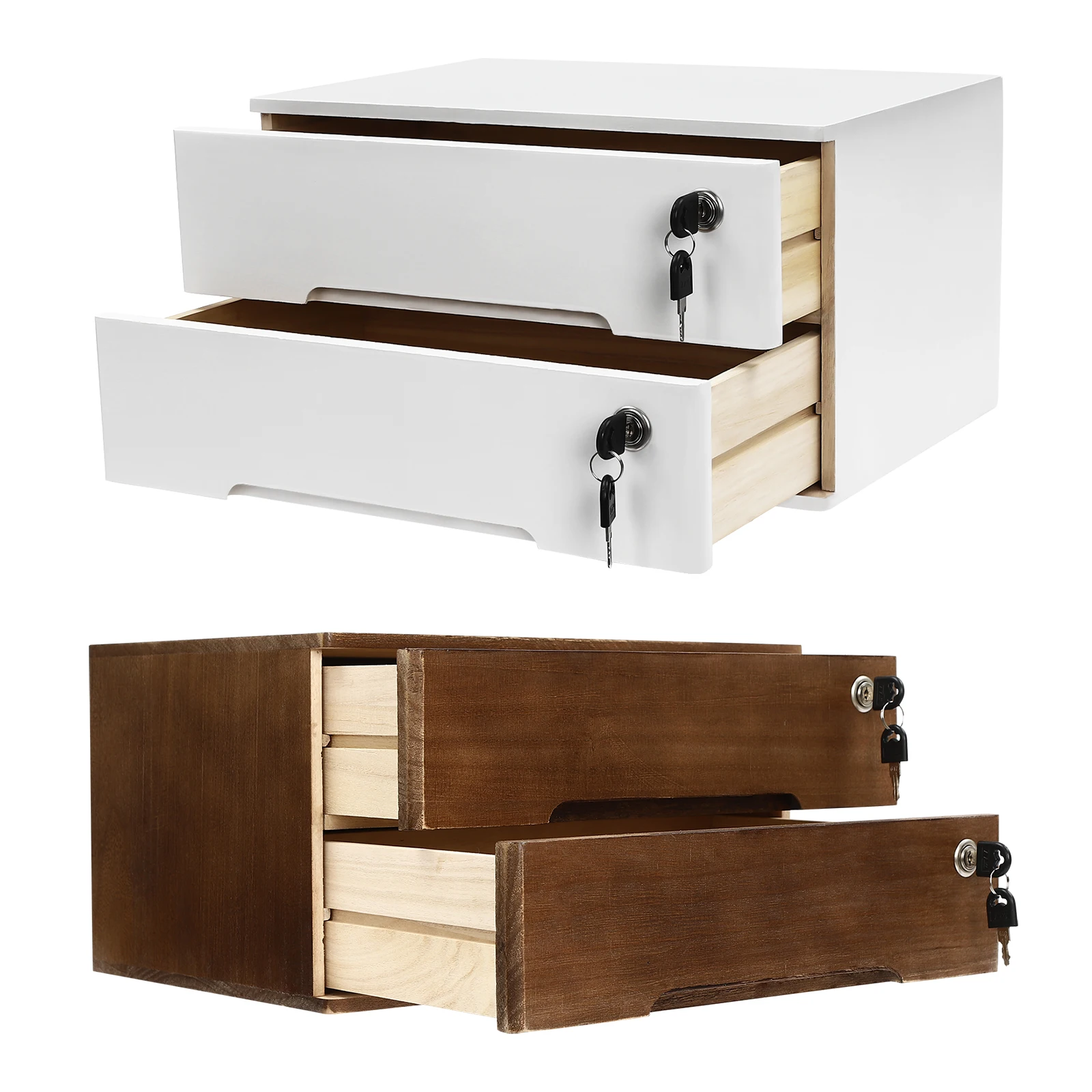 2 Layers Wooden Office Supplies File Organizer Flat File Cabinet Desktop Storage Box with Lockable Drawers White/Walnut