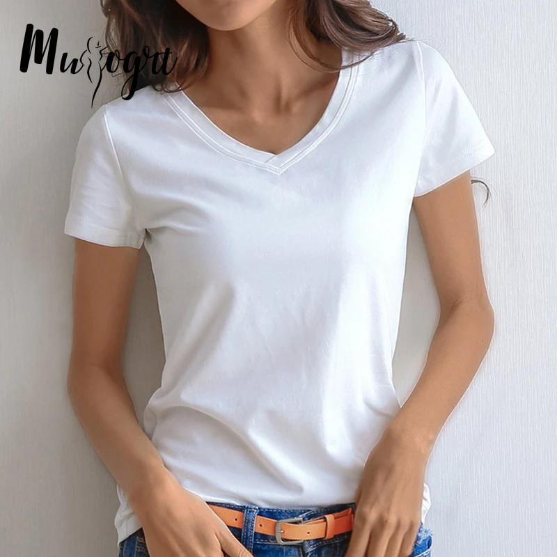 

2023 Spring Summer Women Cotton T-shirt Black V-Neck Short Sleeve Female Tee Slim White T-Shirt Casual Solid Lady Tshirt Tops