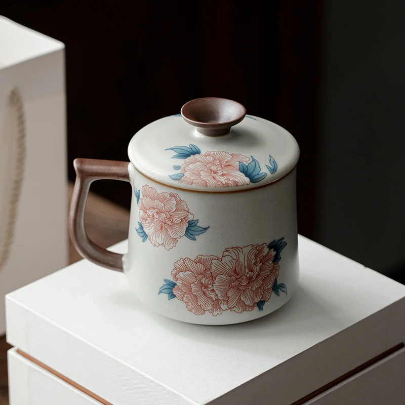 Chinese Style Ceramic Hand Drawn Flower Patterns Tea Mugs, Home Personal Creative With Cover, Milk Water Coffee Cup, 330 ml, 1Pc