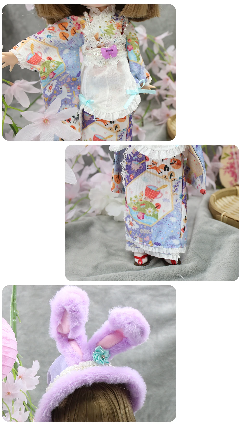 Neo Blythe Doll Kimono Chinese Traditional Dress With Bunny Hat 2