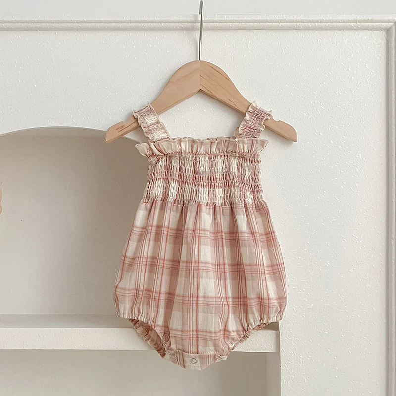 Girls Sister Dress Clothes Summer Sweet Newborn Baby Girls Pink Grid Jumpsuit Toddler Girls Short Sleeves Kids Princess Dress 6