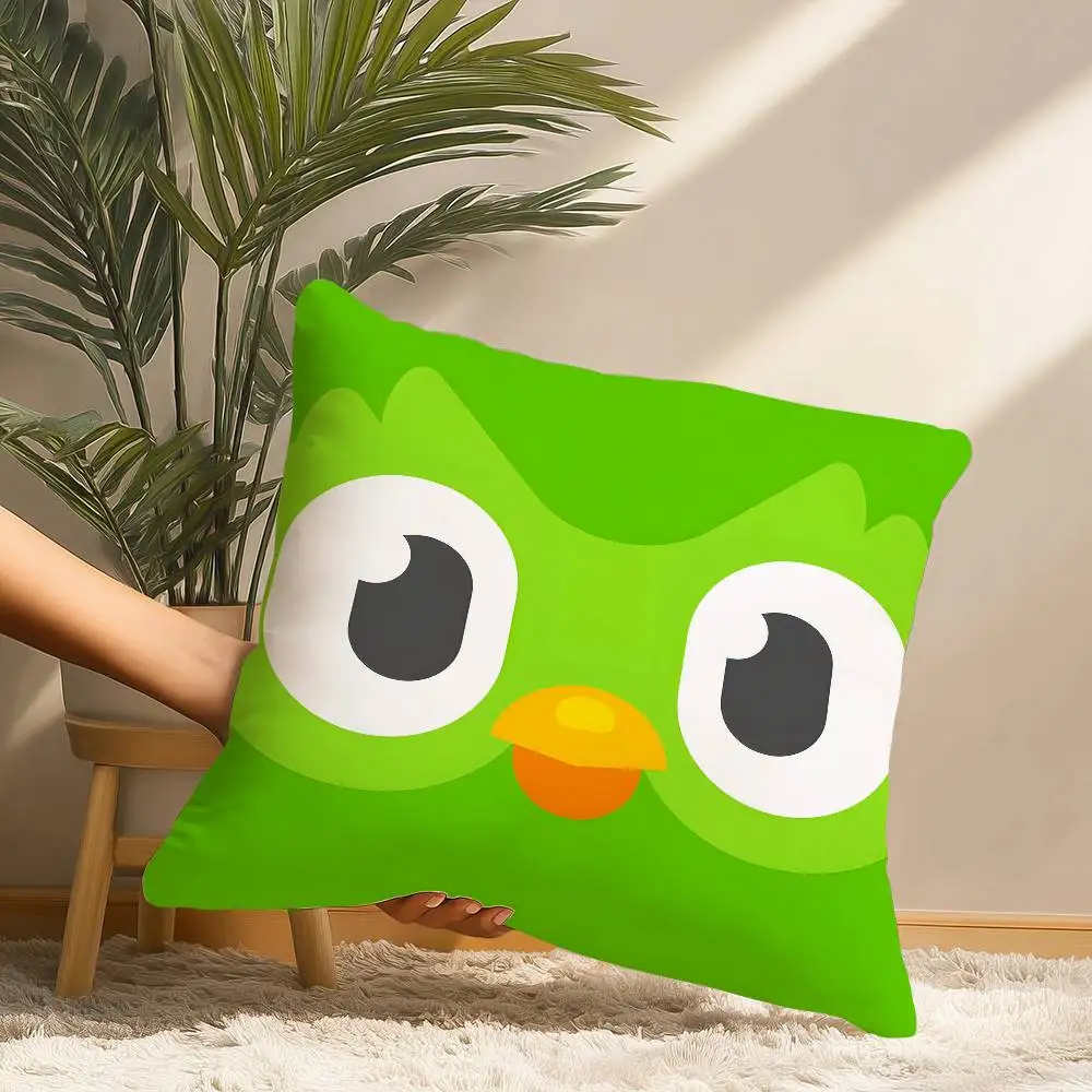 D-Duolingo Owl D-Duo 베개 케이스 짧은 플러시 프린트 쿠션 커버 스퀘어 스로우 베개 커버 소파 홈 장식