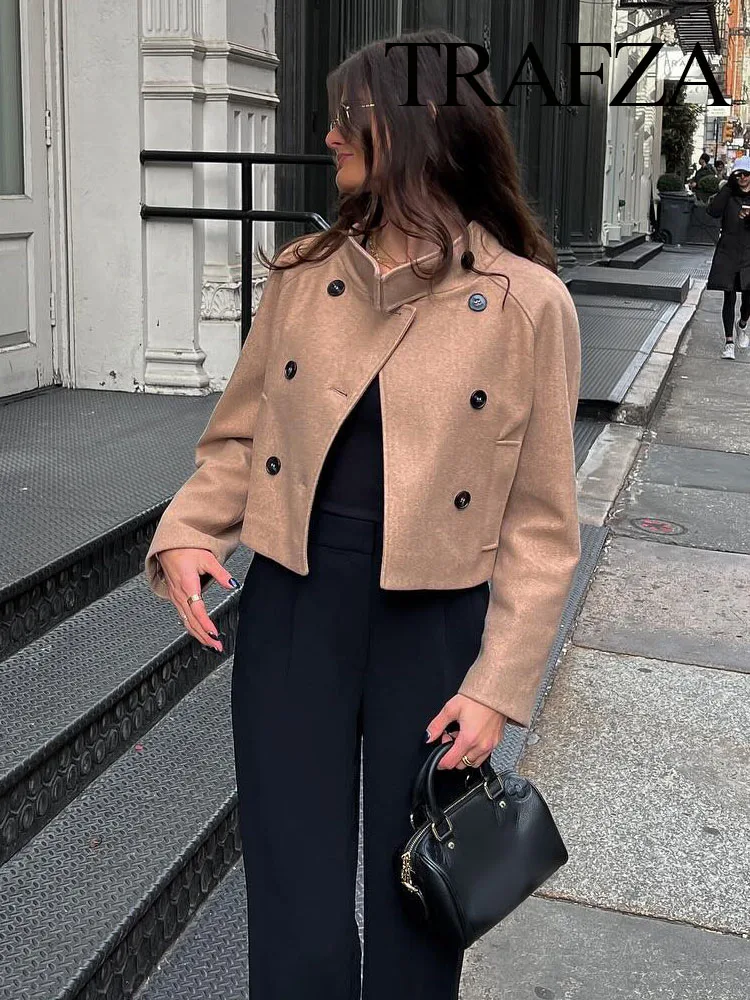

Женское двубортное короткое шерстяное пальто TRAFZA, модное зимнее двубортное пальто в стиле ретро с длинным рукавом и воротником-стойкой