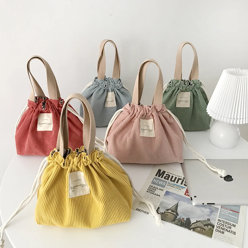 

Lunch Bag Corduroy Canvas Lunch Box Drawstring Picnic Tote Eco Cotton Cloth Small Handbag Dinner Container Food Storage Bags