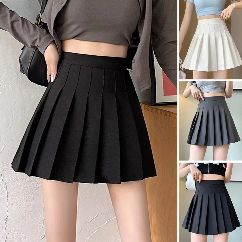 Women Uniform Skirt Pleated Solid Color High Waist A-line Loose Hem Dress-up Soft Lady Mini Pleated Skirt Female Clothes