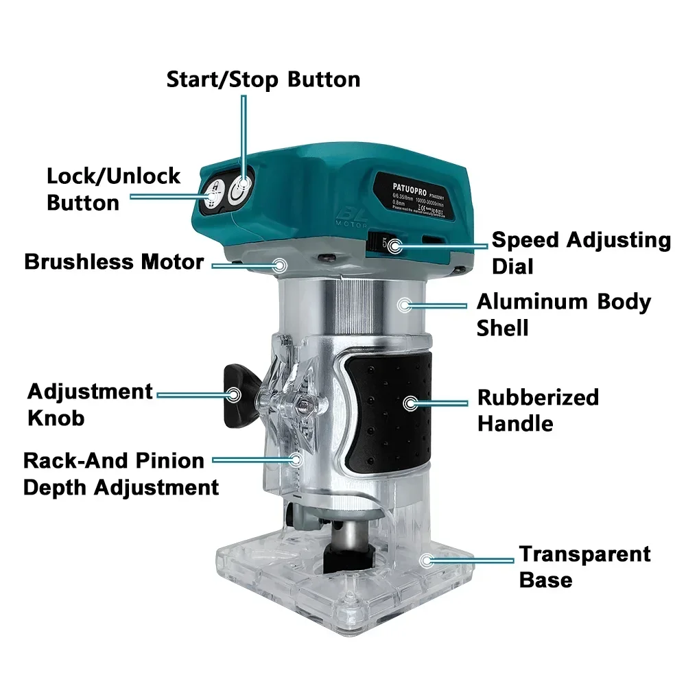 5 Speeds Brushless Electric Trimmer Cordless Wood Router Handheld Woodworking Engraving Slotting Machine for Makita 18V Battery
