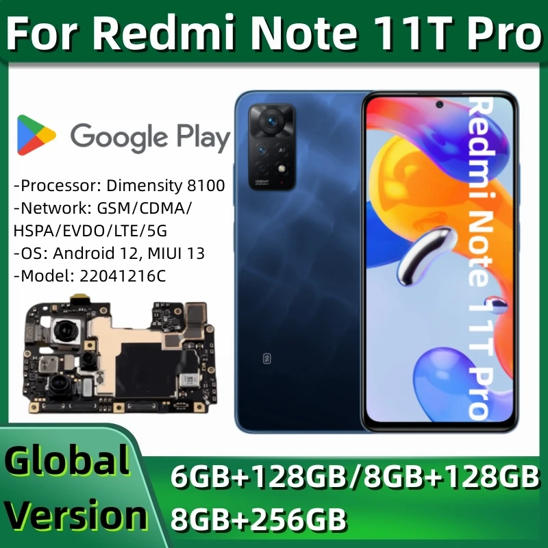 

Mainboard for Redmi Note 11T Pro,128GB, 256GB, Global ROM, Original Unlocked Motherboard PCB Module