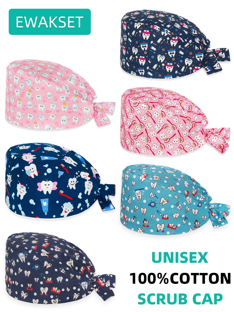 New Surgicals Cap Adjustable Cotton Teeth Print Women Men Nursing Caps Beauty Salon Lab Dentist Working Long Hair Scrubs Hat