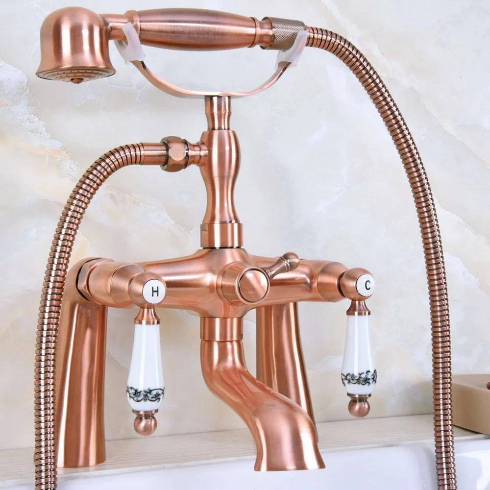 

Antique Red Copper Bathtub Faucet Deck Mounted Shower Faucet Tub Mixer Tap With Hand Shower