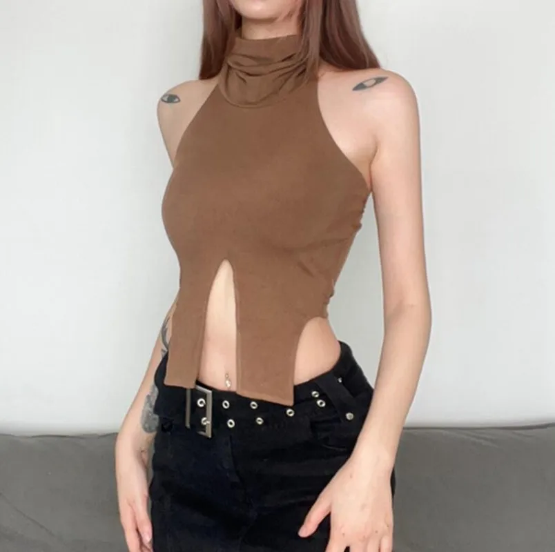 

Women Clothing Spicy Girls Solid High Neck Sexy Off Shoulder Top Hollow Out Split Knitted Short Tank Top