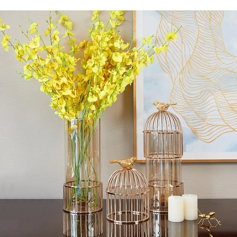

Creativity Glass Vase Metal Golden Bird Candlestick Birdcage Flower Accessories Modern Home Decoration Desktop Crafts Vases