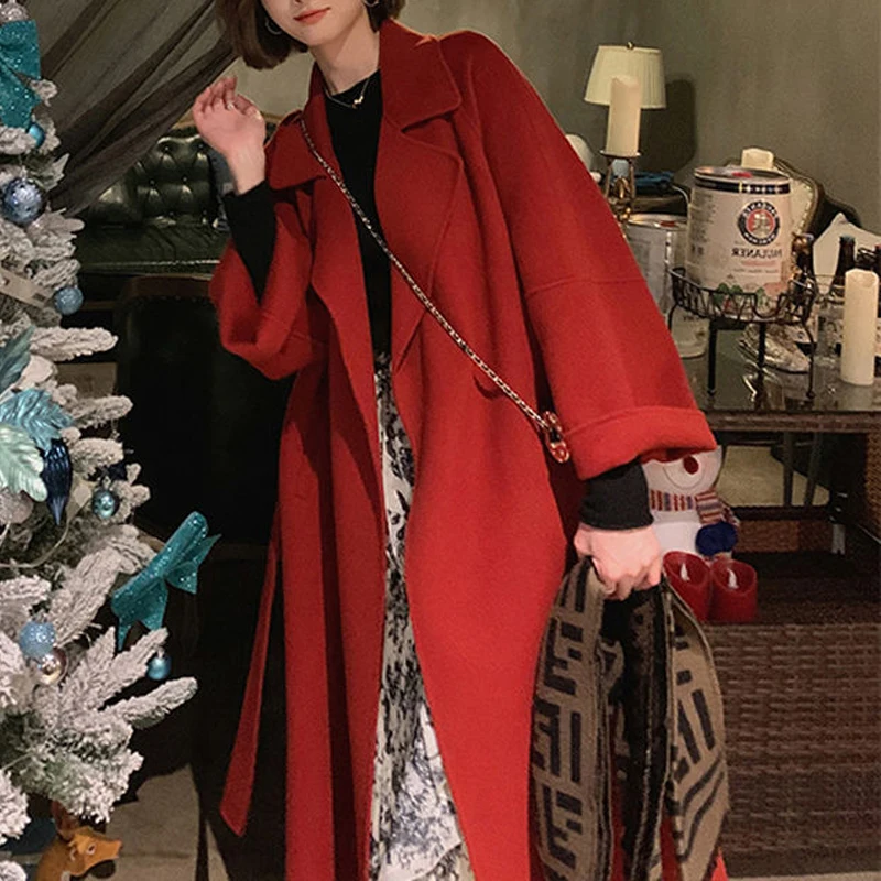 2023 Autumn Winter Women Trendy Lace Up Vintage Simple Woolen Coat Female Korean Oversize Chic Jacket Solid Long Sleeve Overcoat