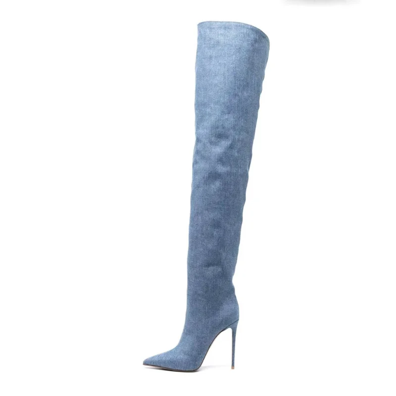 

European and American Oversized Sexy Pointed High Heeled Knee Boots, Denim Slim Heels, 2023 New Autumn and Winter Knee Boots