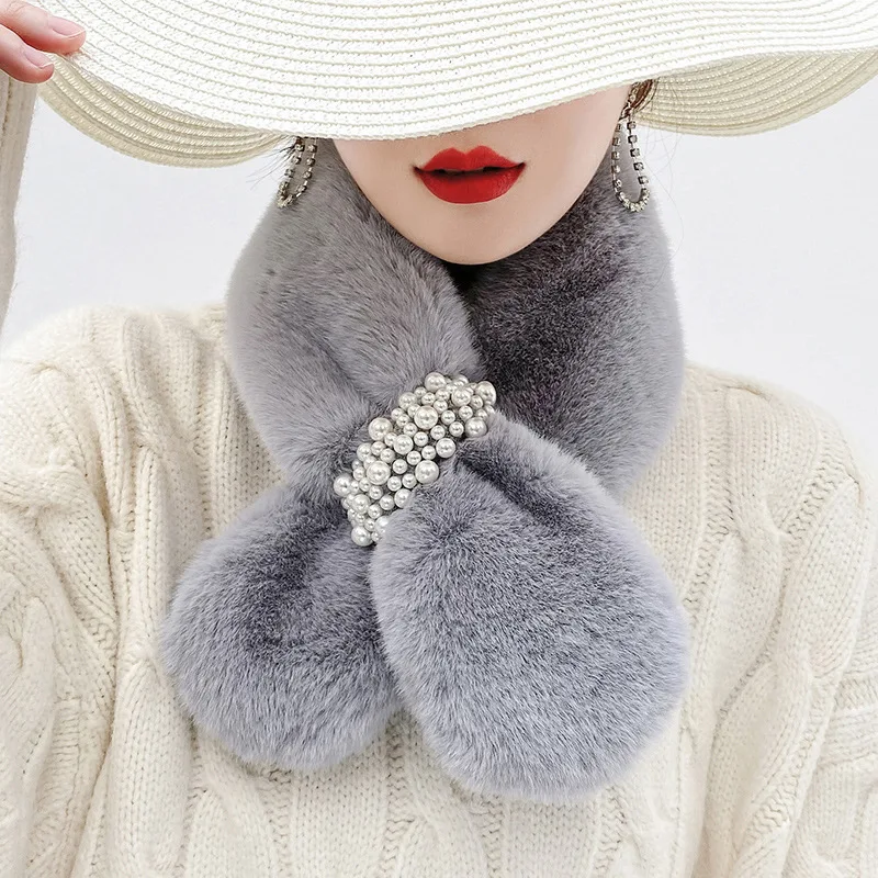 Winter Warm Scarf Windproof Women Elegant Thicken Plush Scarf Thermal Berathable Neck Cover Pearl Cross Shawl Neckerchief
