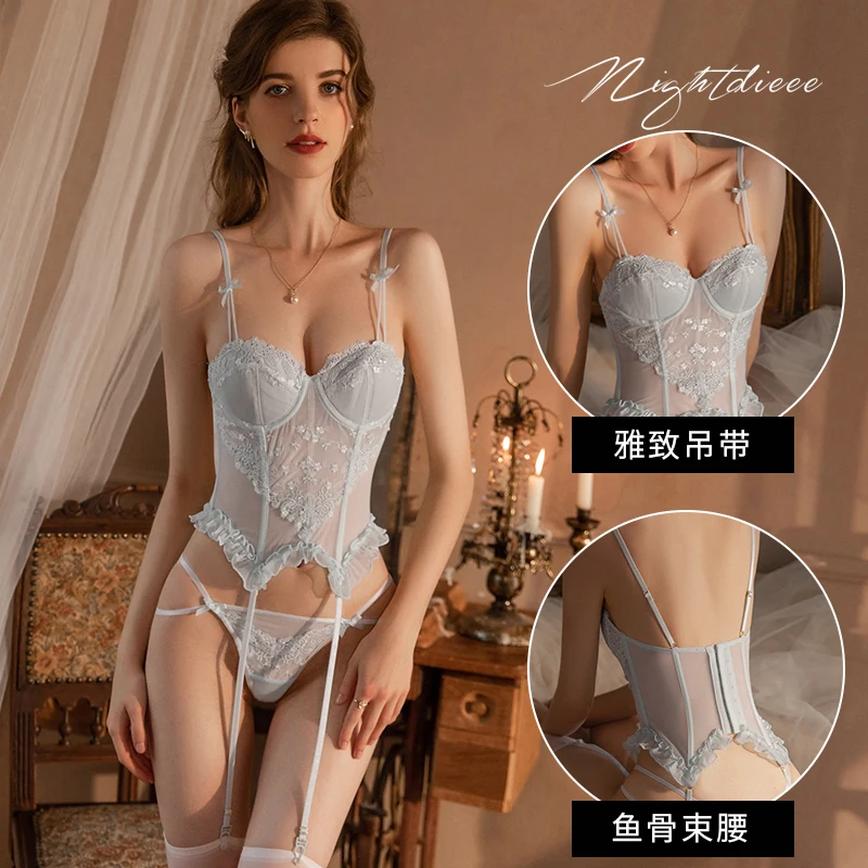 

Sexy Lace Corset Top Garter 3piece Bra and Panty Stocking Erotic Sets Lingerie Women Underwear Intimate Outfit G-string Push Up