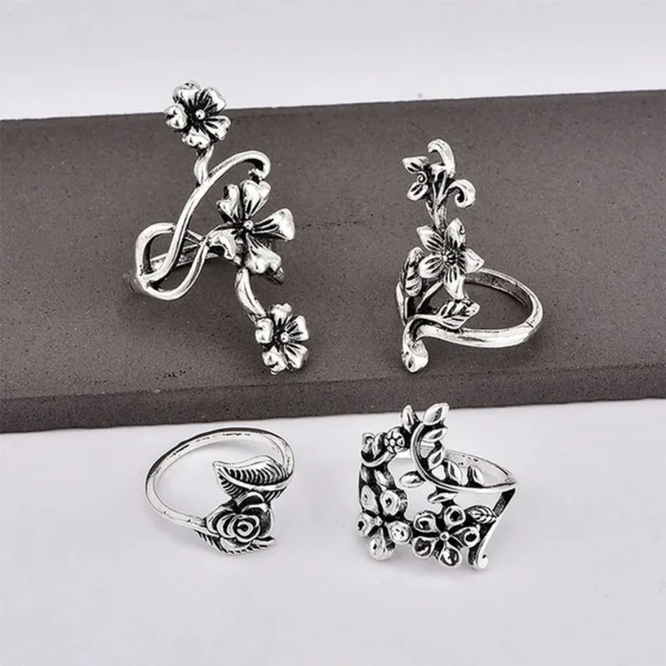 4 Pieces/set Popular Retro Fashion Personalized Engraving Rose Ancient Hollow Flower Vine Leaf Ring Group Jewelry Accessories
