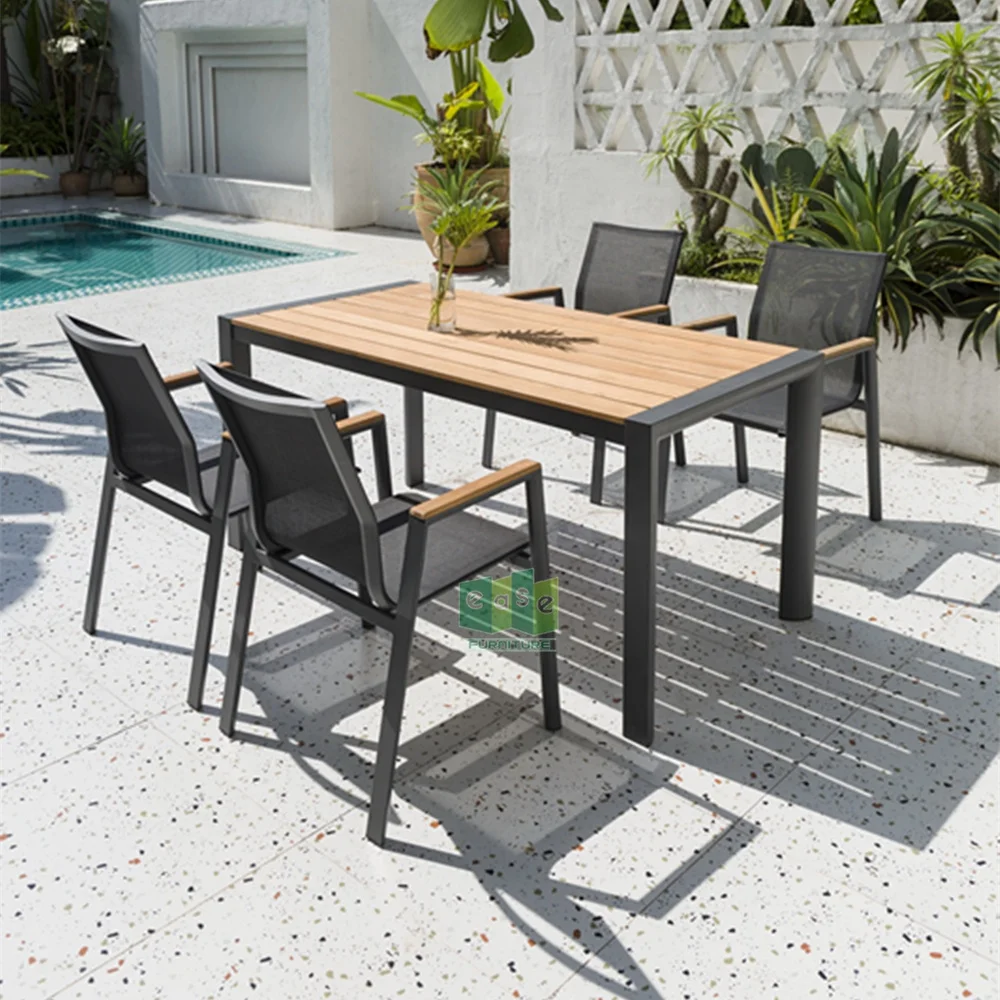 (E3042) Aluminum Metal Black Stackable Outdoor Patio Cafe Dining Chairs with Teak Armrests