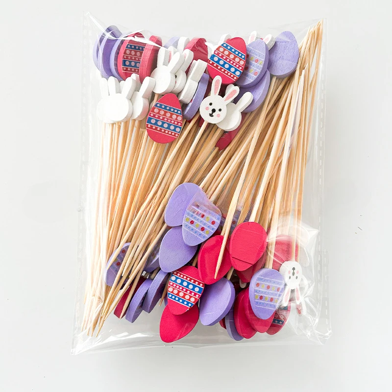 Easter Skewer Cartoon Bunny Egg Salad Stick Disposable Food Bamboo Toothpick 50/100Pcs