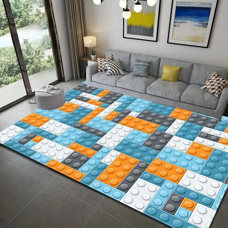 3D Colorful Building Block Toy Printed Carpet Children's Room Decoration Anti-Slip Floor Mat Home Living Room Bedroom Carpet