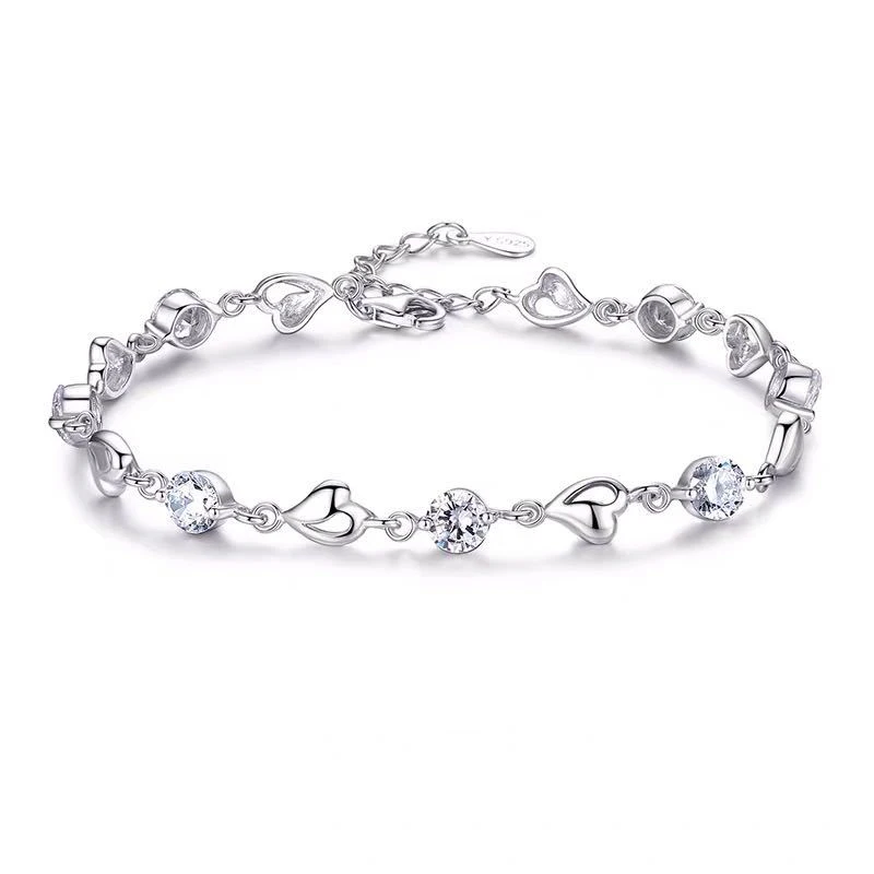 Luxury Heart Colorful Crystal Bracelet For Women Shiny Cubic Zirconia Pure 925 Sterling Silver  Bracelet Anniversary Gift