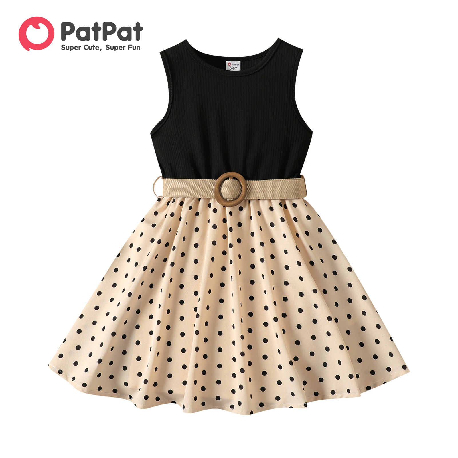 Girl Dresses Kids Clothes Girl Polka Dots Ribbed Girls Splice Sleeveless Dress & Belt 2pcs PatPat girls dress