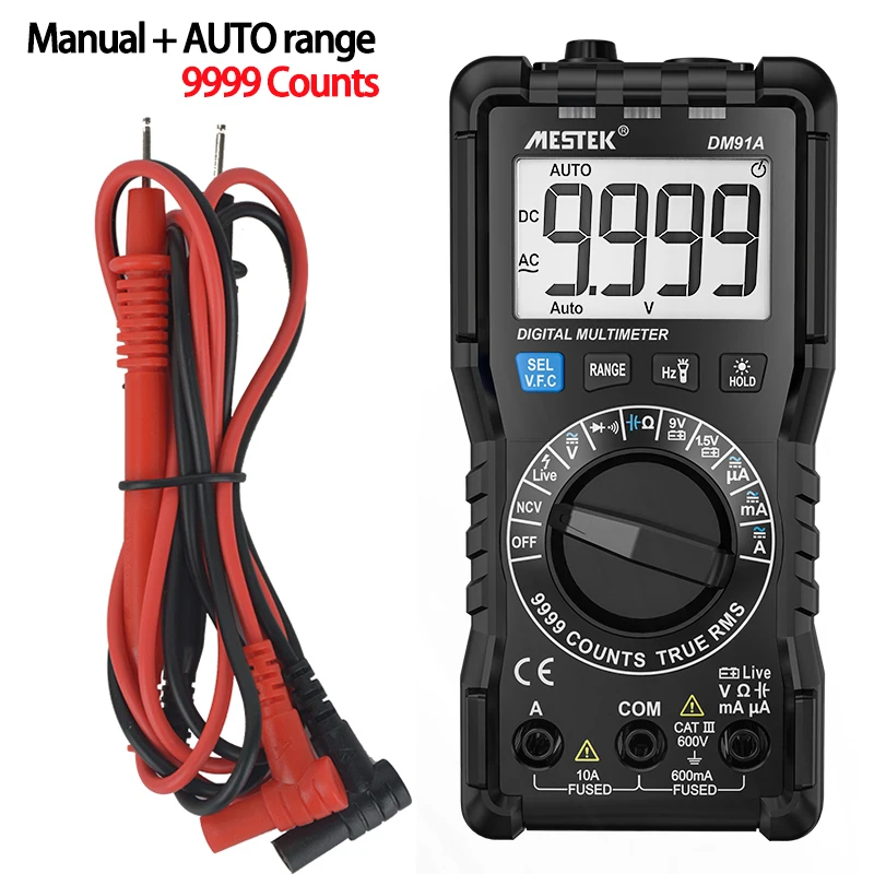 Mestek DM91A Auto Range Digital Multimeter Voltmeter Ammeter Ohm Tester 10A 600V Multimeter NCV Live Wire Test T-RMS