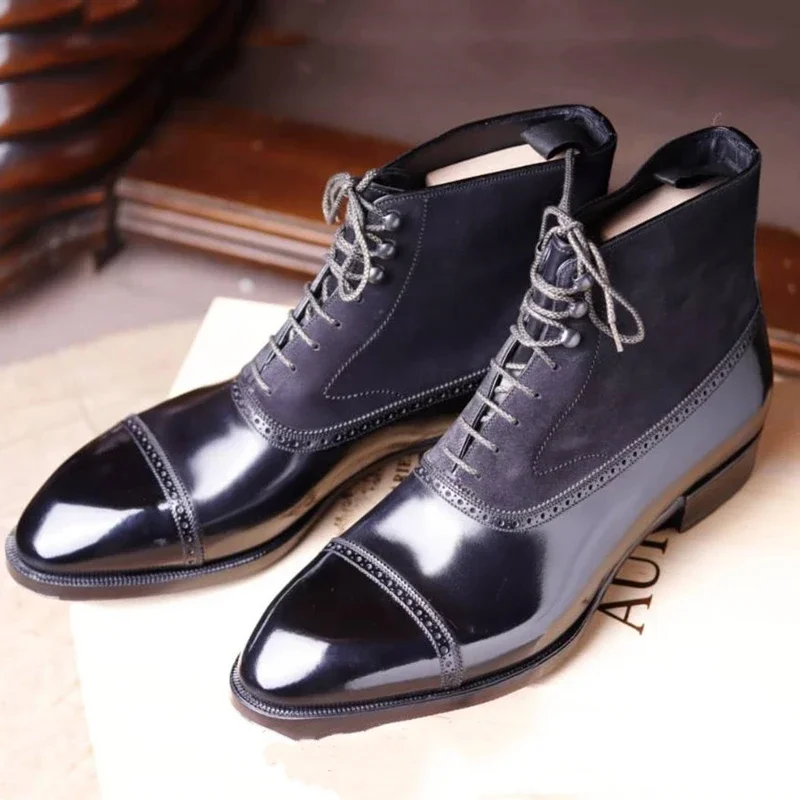 Leather Boots Mens Leather Boots Motorcycle Leather Boots Men Short Brown Bullock Flock Lace-up Square Toe Business Ankle Shoes
