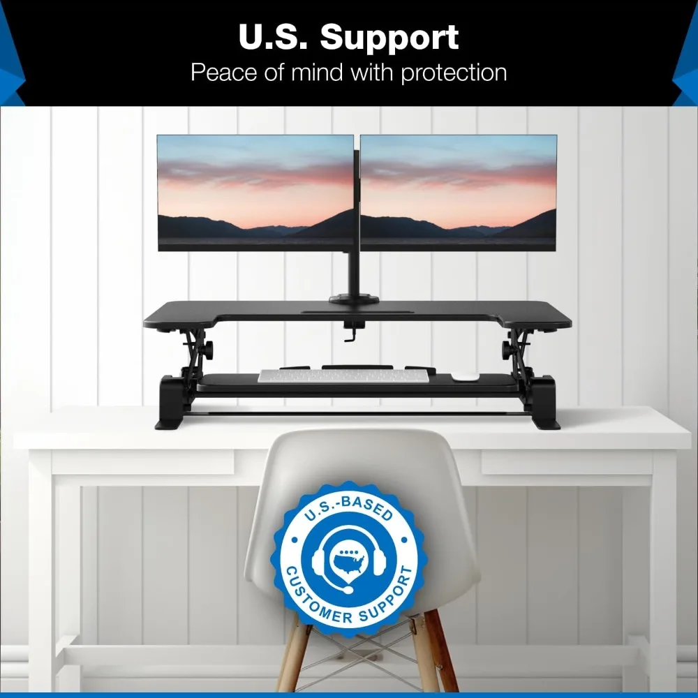"ergonomic dual monitor standing desk converter, height adjustable desk riser with 2 mounts, black"