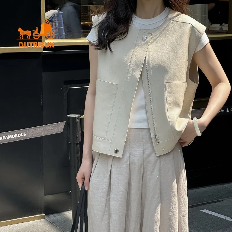 High-end White Lambskin Vest Women Real Leather Leather Jacket Autumn New Style Coat Temperament Elegant Cowhide Jacket for Work