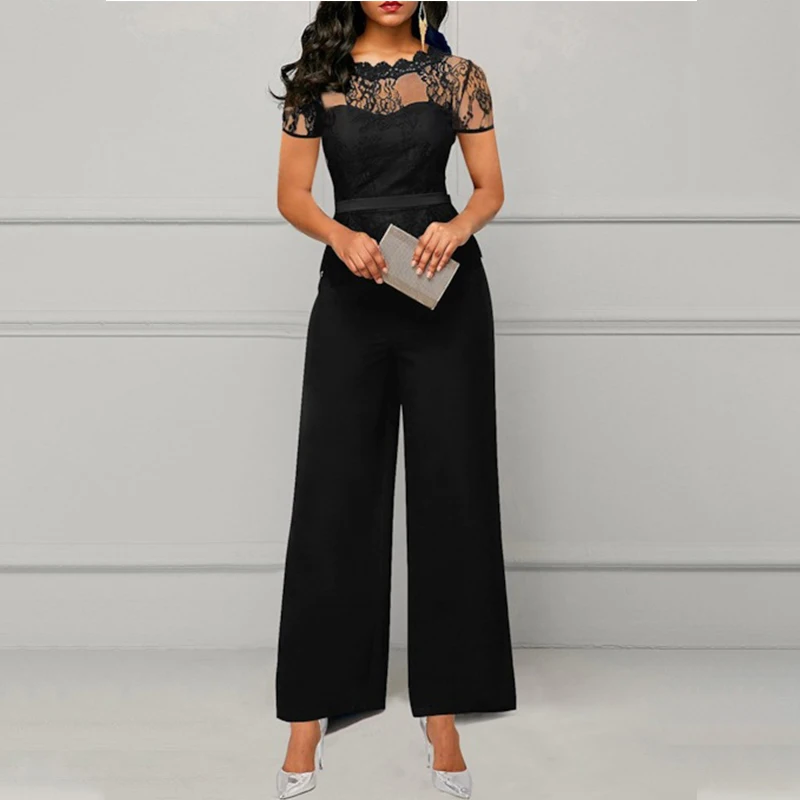 Plus Size New Fashion O-neck Lace Hollow Out Jumpsuits For Women Office Lady Jumpsuit Spring Autumn Bodysuit Vestidos Para Mujer |