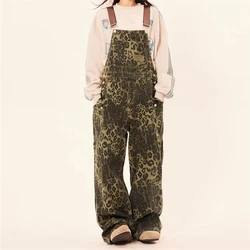 Women's Leopard Print Pattern Vintage Suspender Jumpsuit Wide Leg Pants Streetwear Rompers Female Retro Casual Straight Trouser