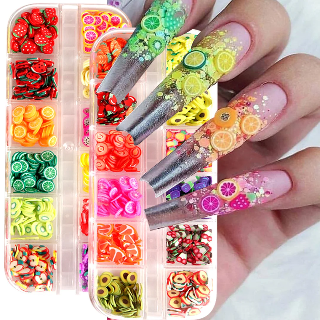 

3D Fruit Slice Nail Art DIY Design Decoration Acrylic Polymer Clay Lemon Strawberry Slices Glitter Nails Accesorios Supplies