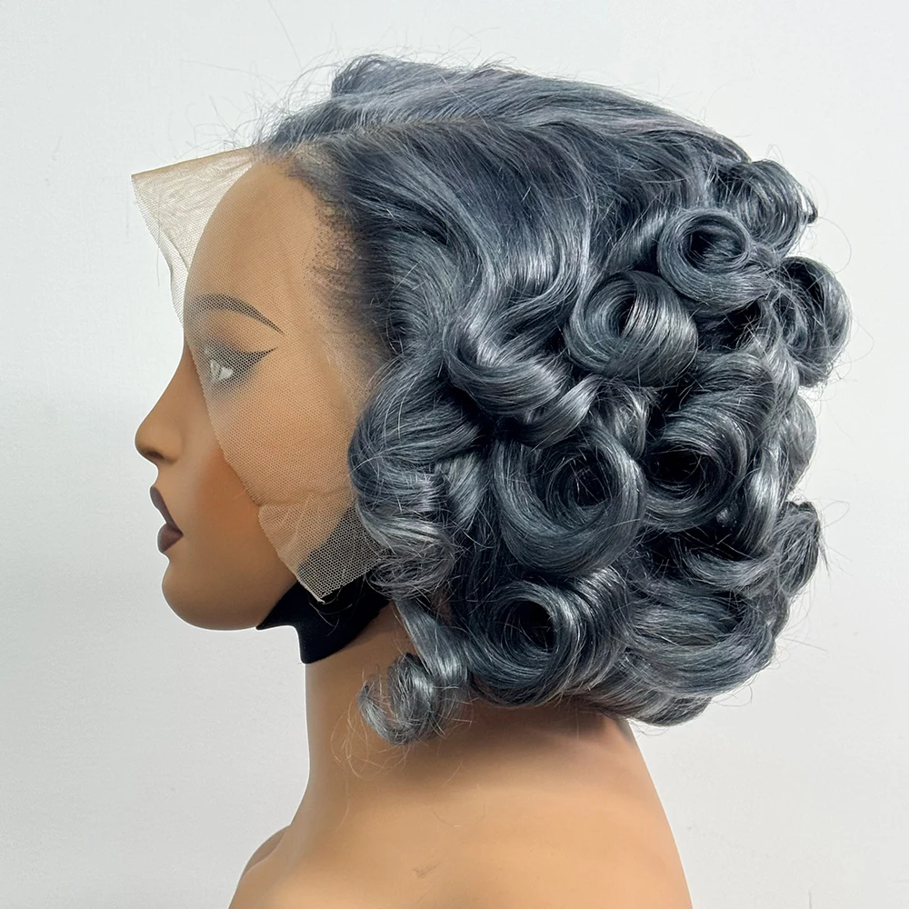 13x4 Transparent Lace Frontal Wigs Loose Bouncy Curly Human Hair Wig 250% Density Gray Short Wave Curly Wigs for Black Women