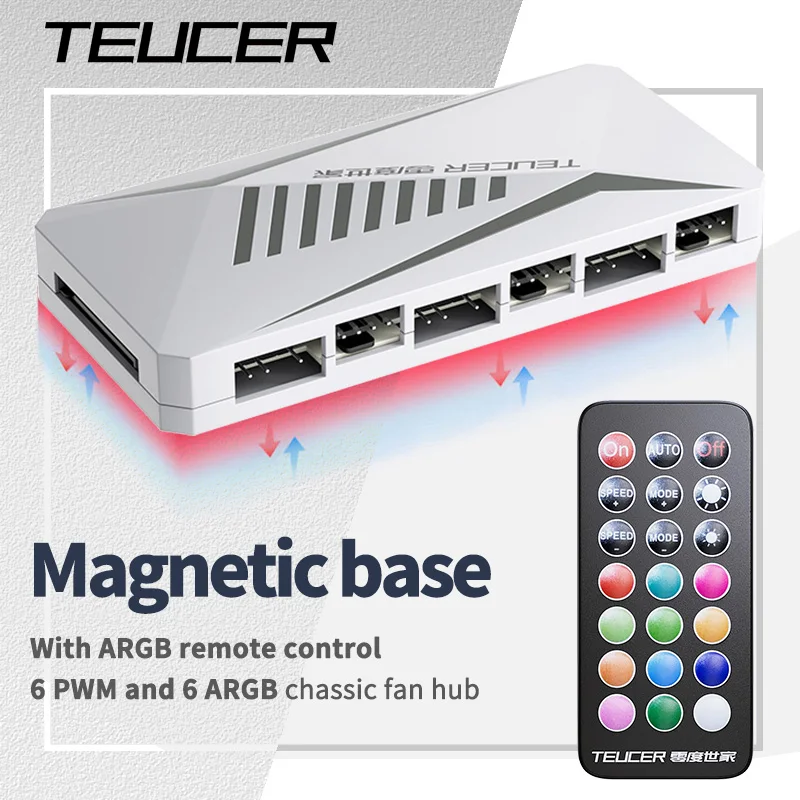 Chassis Fan Hub Cooling Fan Hub TEUCER LP-6P ARGB Remote Control 6 Way Splitter 4Pin PWM Cooling Fan Hub for Computer PC Case Chassis Radiator SATA Power Supply