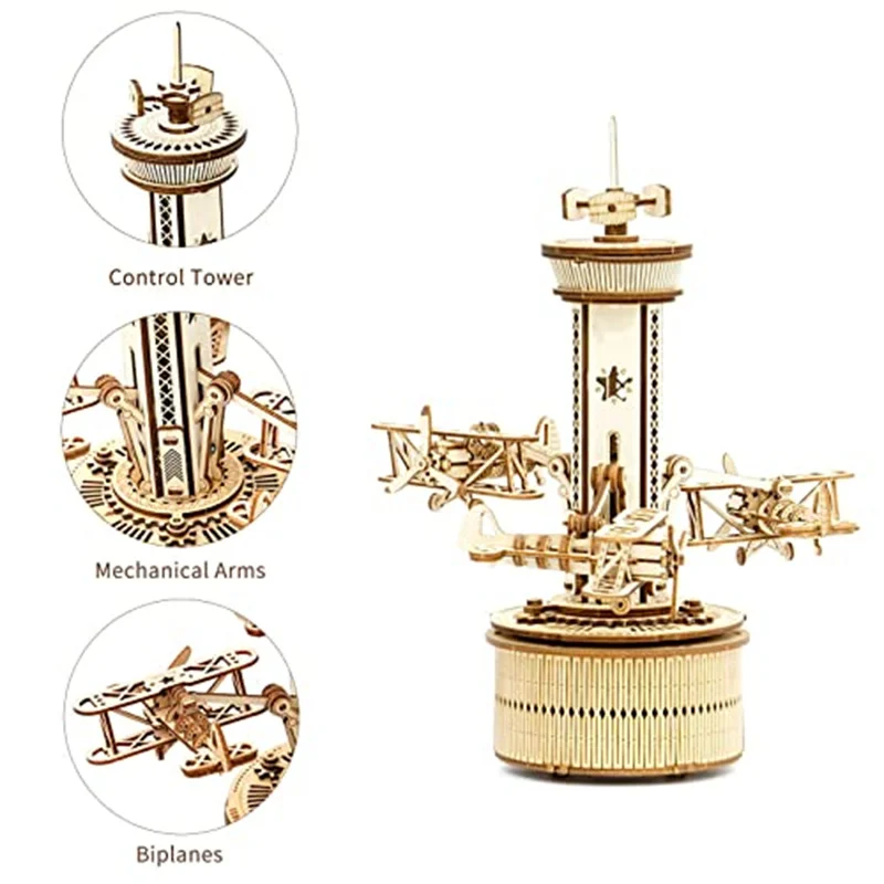 Robotime Roker 3D Wooden Puzzles for Adults DIY Musical Box Model Kit to Build Self-Assembly Building Kit Airplane-Control Tower — view 4