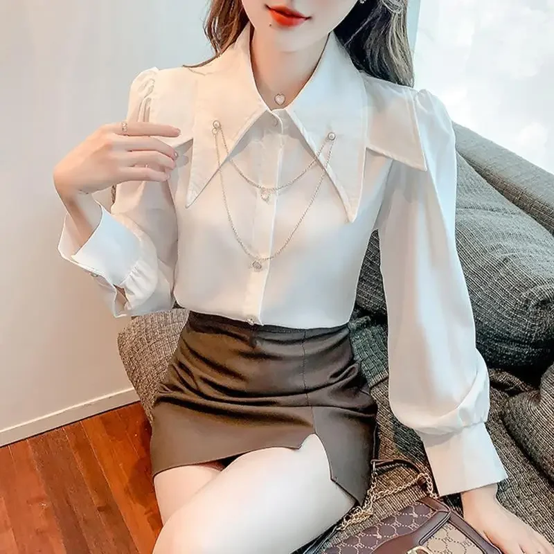 

Women Spring Simplicity Loose Fashion chain Solid color Peter pan Collar Long sleeve Shirts women clothes Casual All-match A152