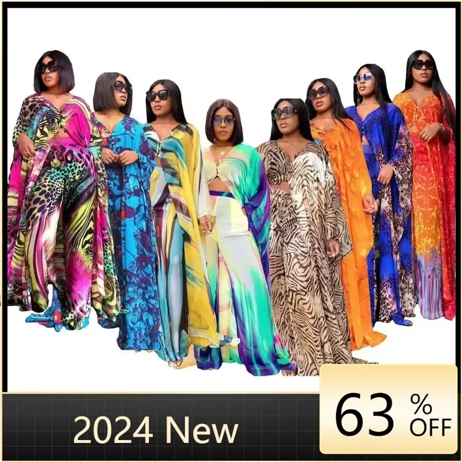 

Women Africa Abaya 2 Piece Set 2024 African Dashiki New Fashion Two Piece Suit Wide Tops + Long Pants Party Free Size For Ladies