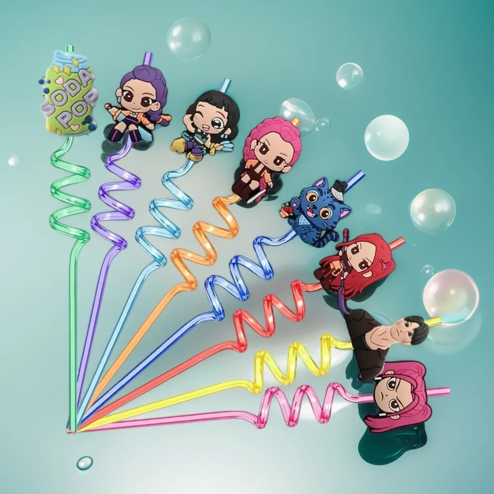 Niedliche Cartoon-Anime-Strohhalme mit Mädchenmotiven, Wiederverwendbare Plastik-Spiralstrohhalme, Geeignet für Kindergeburtstags-Dekoration