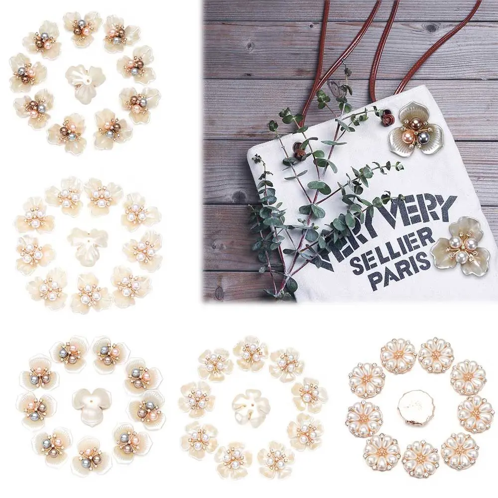 10Pcs Flower Shaped Pearl Rhinestone Buttons DIY Craft Pearl Hairpins Crystal Headwear Clip Apparel Sewing Hat Accessories
