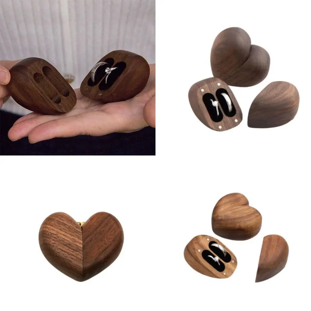 

Heart Shaped Walnut Wood Ring Box Velvet Soft Interior Holder Organizer Jewelry Wooden Box Case For Proposal Engagement