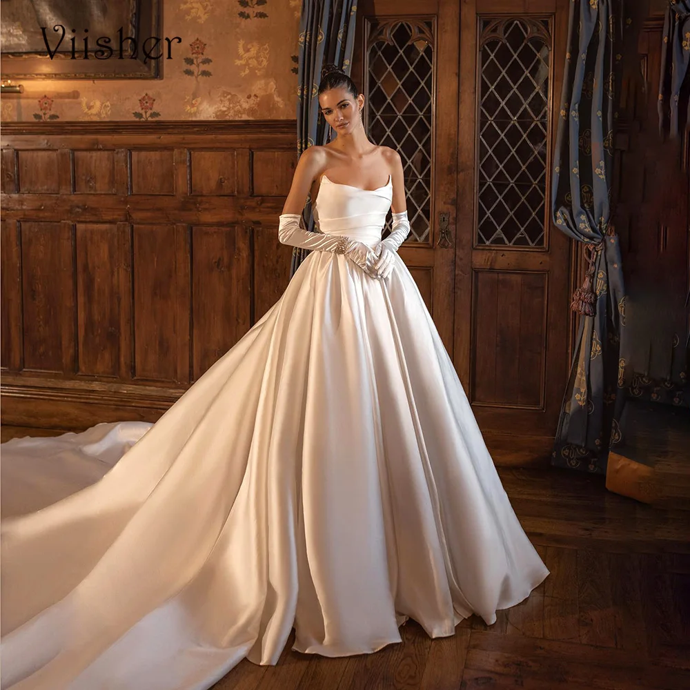 

Viisher Luxury Pirncess Wedding Dresses Draped Satin Long Church Bride Dress Customized Modern Wedding Bridal Gowns