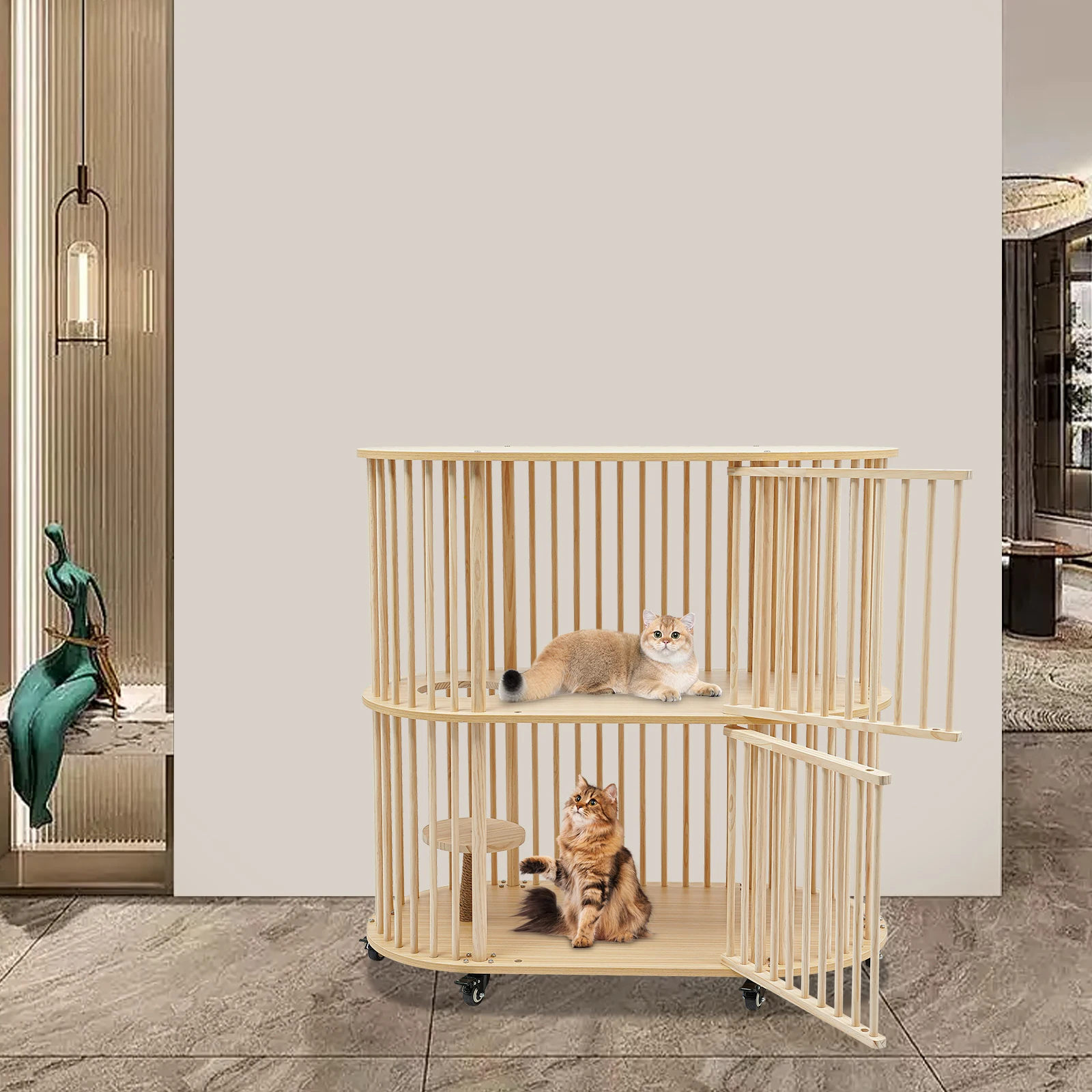 

Easy Mobility Cat House with Scratching Post, 2 Tiers Wooden Large Cat House with Wheels, Indoor Cat Bed