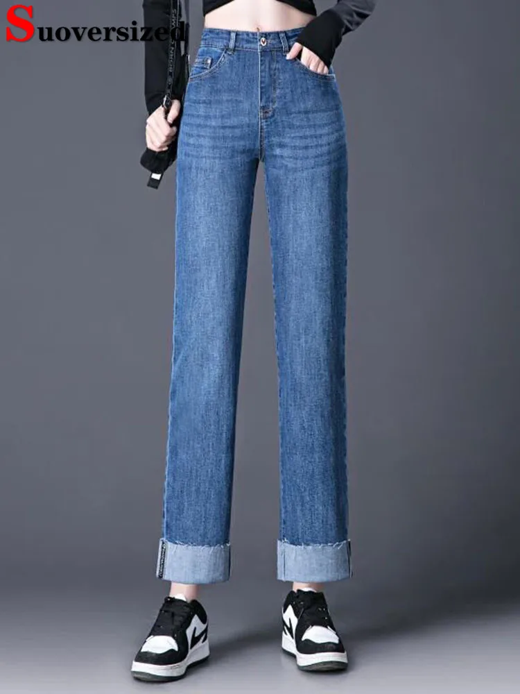 

High Waist Cuffs Straight Jeans Baggy Oversize 4xl Ankle Length Stretch Denim Pants Korean Streetwear New Wide Leg Kot Pantolon