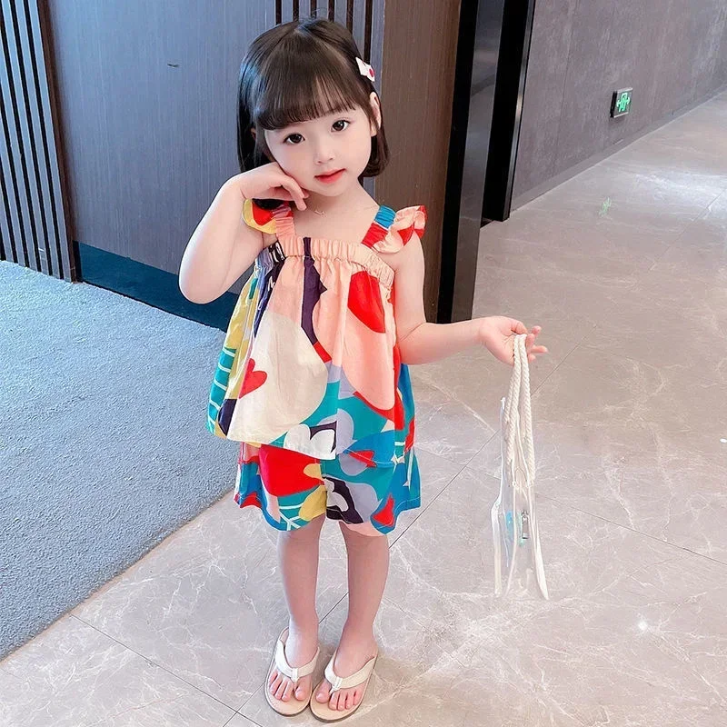 여름 여아 의류 세트, 서스펜더 탑 컬러, 꽃 조끼 및 어린이 캐주얼 바지, 작은 어린이 의류 세트